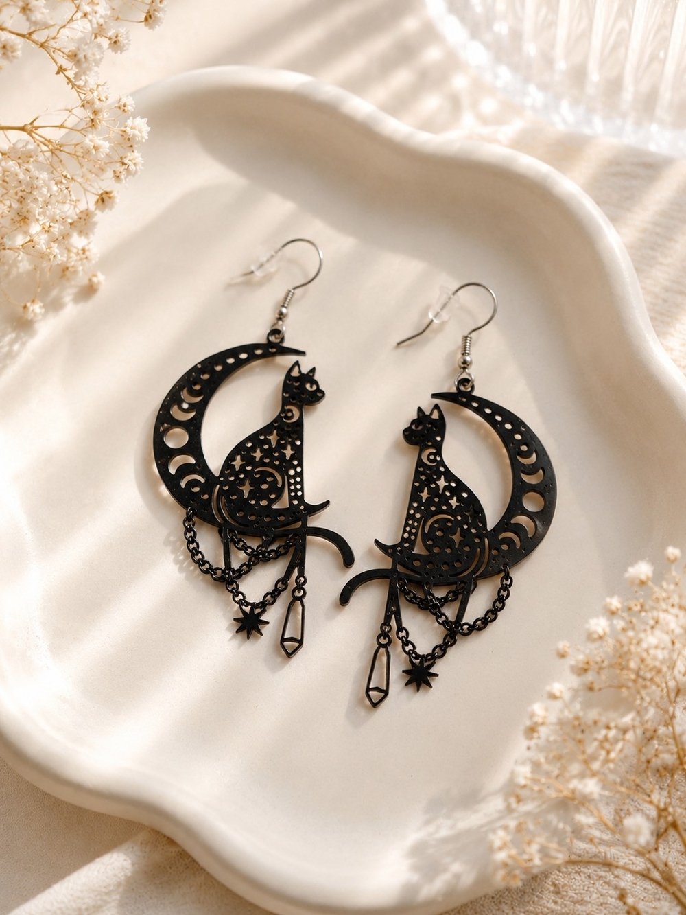 Black Crescent Moon Cat Celestial Dangle Earrings New